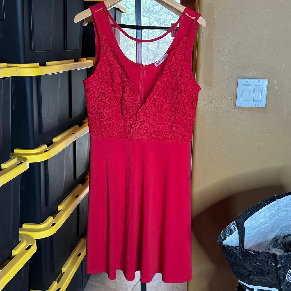 Grace Karin Red Lace Deep V-Neck A-Line Midi Dress Sleeveless Fit & Flare Sz 2XL